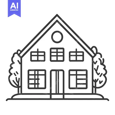 Premium design asset: A black and white illustration of a simple house with trees