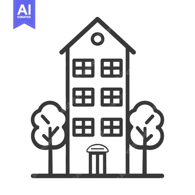 Aset desain premium: A tall building with multiple windows and two trees on either side