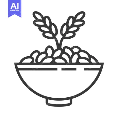 Aset desain premium: A simple line drawing of a bowl of grains and plants