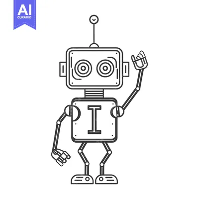 Aset desain premium: Line Drawing of a Cartoon Robot Waving with a "I" on its Chest