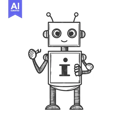 Aset premium populer: Hand-drawn sketch of a friendly robot with an information symbol