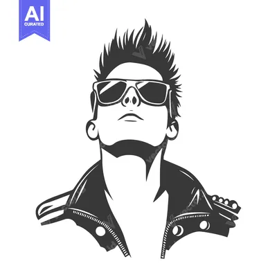 Premium design asset: Black and White Illustration of a Man with Spiky Hair, Sunglasses, and