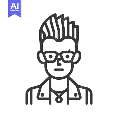 Aset desain premium: Line Art Illustration of a Person with Spiky Hair Wearing Glasses and