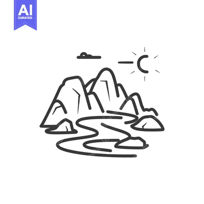 Premium design asset: A simple black line drawing of mountains with water and sun