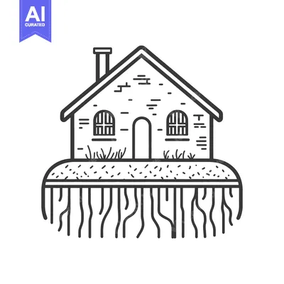 Aset desain premium: An illustration of a small home above visible root system