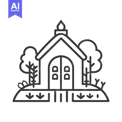 Aset desain premium: A simple illustration of a building surrounded by nature elements