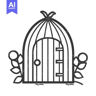 Aset premium populer: A stylized illustration of a birdcage with foliage and a door