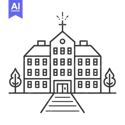 Premium design asset: Simple line art illustration of a school building with trees
