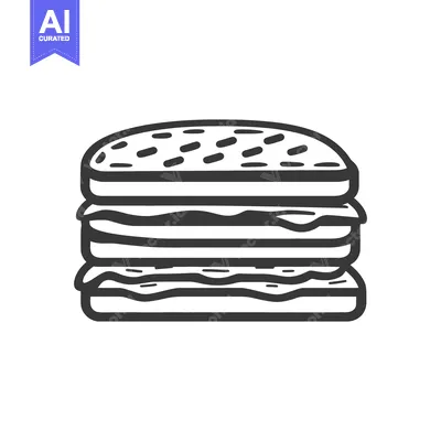 Premium design asset: A black and white illustration depicting a stacked hamburger sandwich