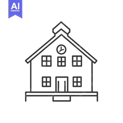 Aset desain premium: Simple black and white outlined building with clock on facade