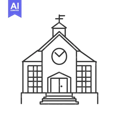 A simple linear illustration of a church building with a cross