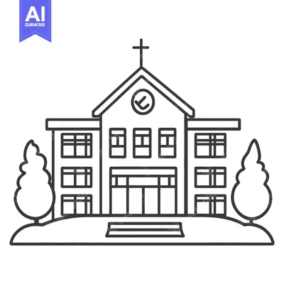 An illustrated black and white building with a cross on top