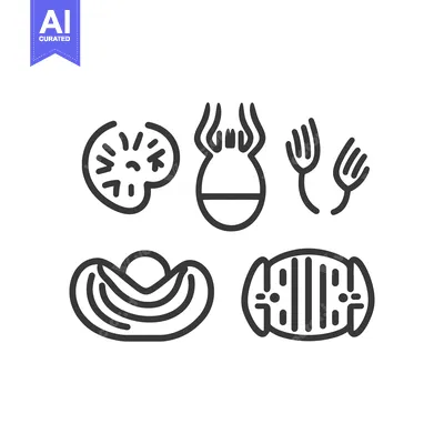 Aset desain premium: Five different stylized food icons represented by black line drawings