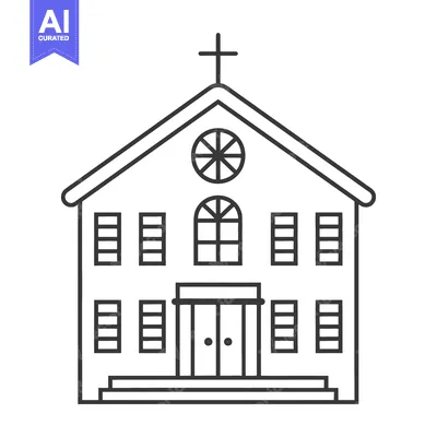Aset desain premium: An illustrated black and white depiction of a church building
