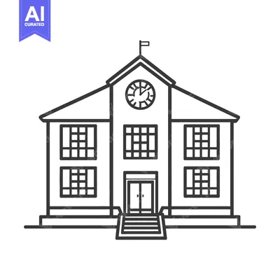 An outlined drawing depicting a classic school building structure