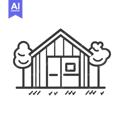 Premium design asset: A simple illustration showing a small wooden building with trees