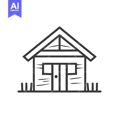 Aset desain premium: Simple black and white line art illustration of a small cabin