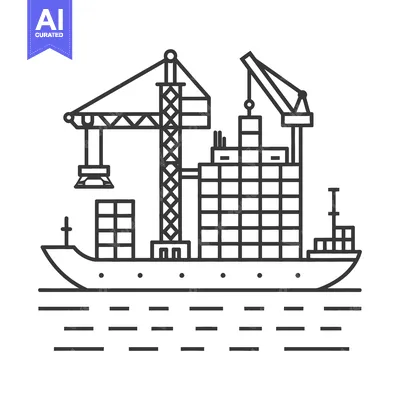 Premium design asset: A ship carrying containers and construction cranes on the water