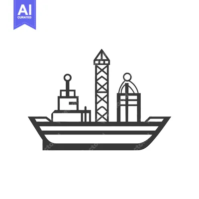 Aset desain premium: A stylized monochrome graphic of a ship with various structures