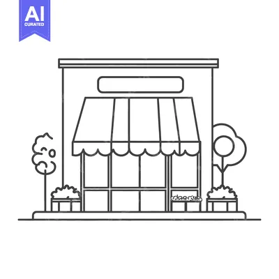 Aset desain premium: Black and white illustrated storefront with awning and surrounding pla