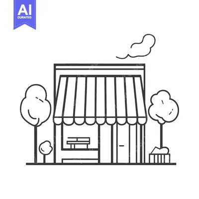 Aset premium populer: Simple black and white illustration of a shop front with trees