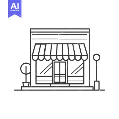 Aset desain premium: A simple black and white illustration depicting a store front