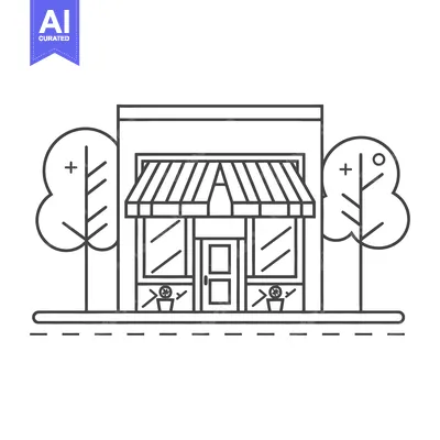 Aset desain premium: Simple illustration showing a storefront building and surrounding envi