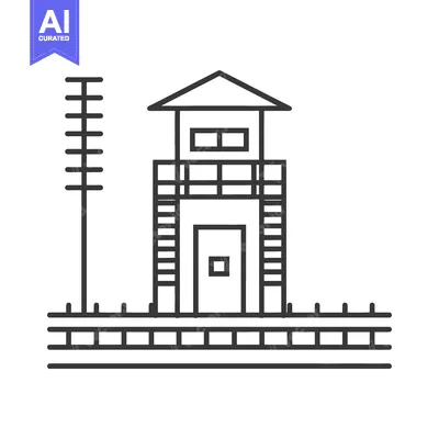 Aset premium populer: A linear illustration featuring a watchtower beside railroad tracks