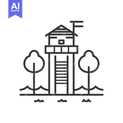Aset premium populer: A coastal watchtower with a flag and a pair of trees