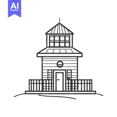 A stylized black and white illustration of a small building