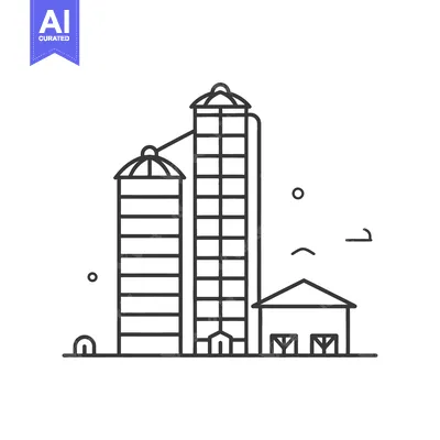 Premium design asset: Black and white illustration depicting a farm with silos and storage