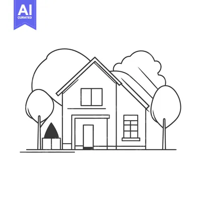 Premium design asset: A simple black and white drawing of a house and trees
