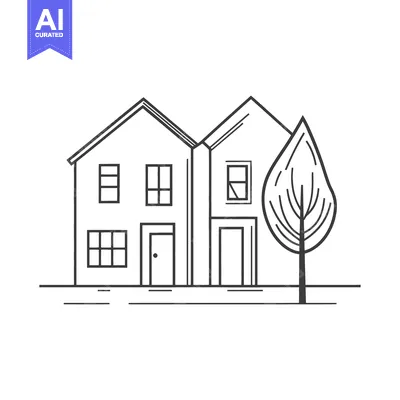 Popular premium asset: Simple line art depicts two houses and a single tree