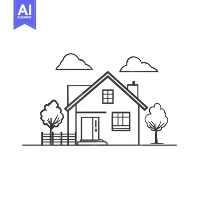 Premium design asset: A simple line drawing illustration of a residential house outdoors