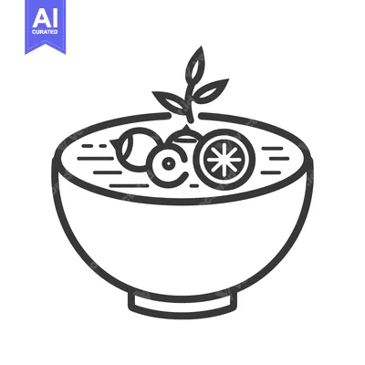 Aset desain premium: A bowl containing soup and fruits with a sprig of leaves