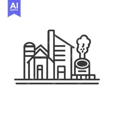 Aset desain premium: An industrial complex with a train in a simplified illustration