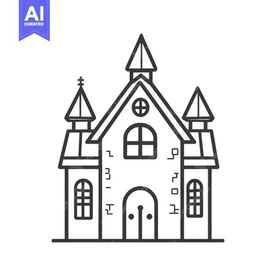 A simple monochromatic line art church building illustration