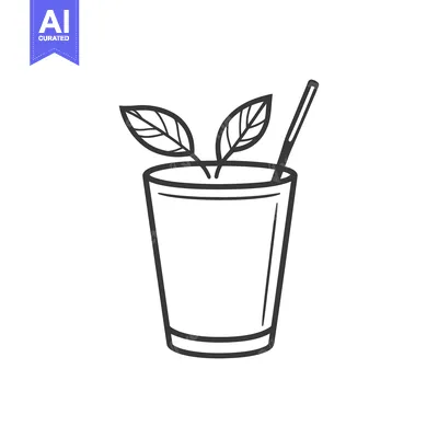 Aset premium populer: Simple black and white illustration of a glass with leaves and straw
