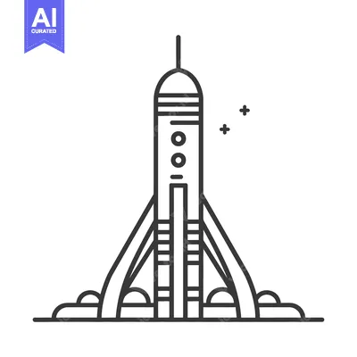 Aset desain premium: Black and white line illustration of a rocket ship prepared for launch