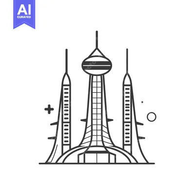 Aset desain premium: A stylized black and white illustration depicts futuristic cityscape t