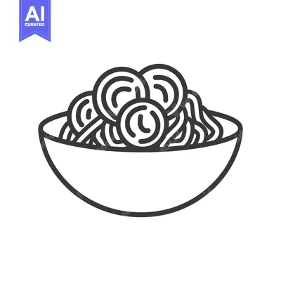 Aset desain premium: A simple line illustration of pasta and meatballs in a bowl