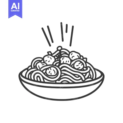 A Bowl Filled With Spaghetti and Meatballs in Simple Lines