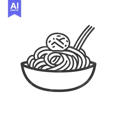 Aset desain premium: Simple black and white illustration of pasta with a meatball