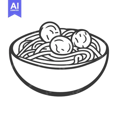 A simple line drawing depicting a bowl of pasta and meatballs