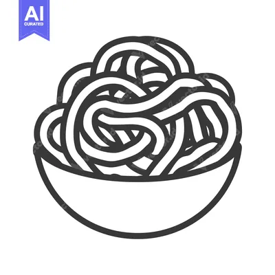 Aset desain premium: A simple black and white illustration of cooked noodles in a bowl