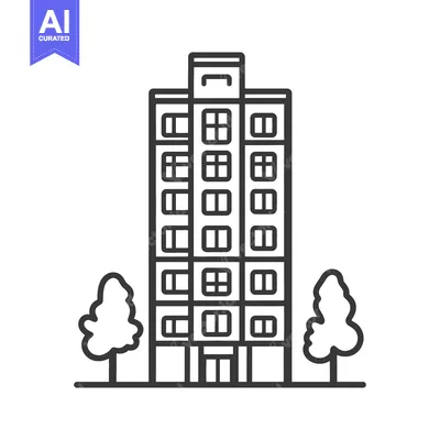 Aset premium populer: An illustrated high rise building with trees and square windows