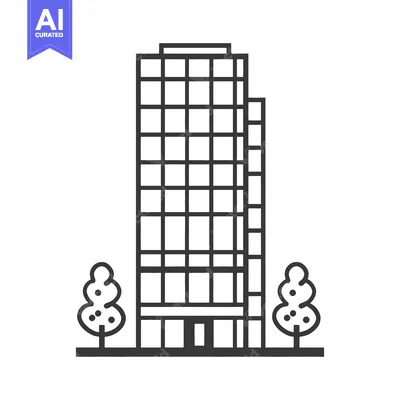 Aset desain premium: Modern tall building with trees in a black and white illustration