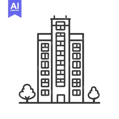 Aset premium populer: A monochrome illustration depicting a tall building with trees