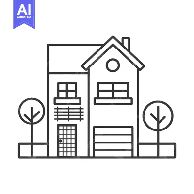 Aset desain premium: A simple illustration depicting a house with trees and a garage