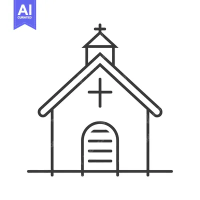 A simple line drawing of a church building symbol